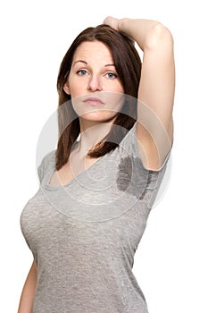 Woman sweating very badly under armpit photo