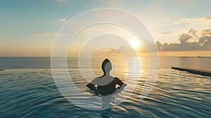 Woman Swim in Ocean Infinity Pool At Sunset