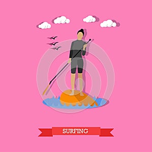 Woman swim on stand up paddle board, flat design