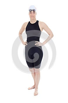 Woman swimmer studio white background