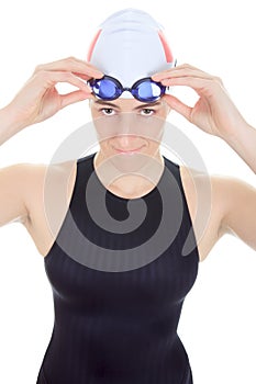 Woman swimmer studio white background