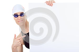 Woman swimmer in studio white background