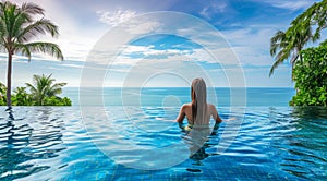 Woman swimming in infinity pool on Caribbean vacation looking at ocean scenic landscape