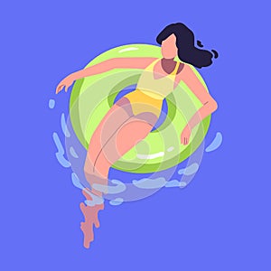 Woman swimming in inflatable ring in water pool. Girl floating, sunbathing, lying on rubber circle in sea on summer
