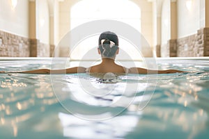 woman swimming laps in indoor pool