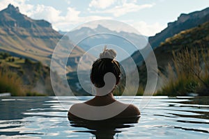 Woman swimming in a pool against mountainous natural landscape