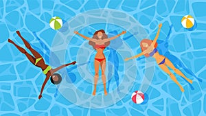 Woman swimming in the pool. Young smiling models floating on water. Blue water swimpool with beach balls. Summertime, summer vibes