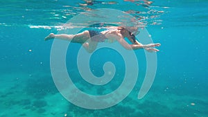 Woman swimming under the water. Woman in a swimming suit freediving at the depth of the sea.