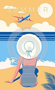 Woman in a swimsuit on the beach. Summer. Airplane in the sky. vector illustration