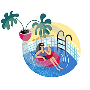 Woman in swimsuit relaxation in pool, swimming in rubber ring