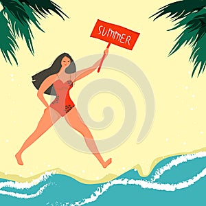 Woman in swimsuit walking on a beach. Summer concept