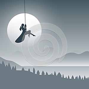 Woman on swing in the background of nature with dark blue gradient shade illustration vector