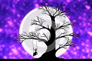 Woman on a swing on a tree against the backdrop of a large moon