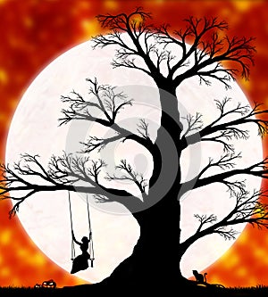 Woman on a swing on a tree against the backdrop of a large moon