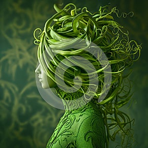 Woman with a swirling headdress of green pea tendrils
