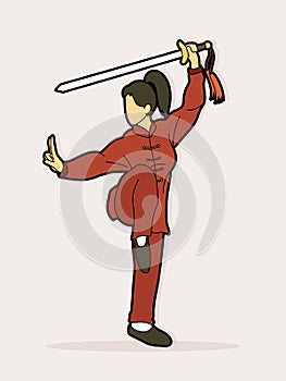 Woman with sword action, Kung Fu pose graphic