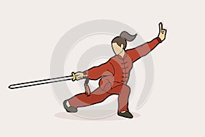 Woman with sword action, Kung Fu pose graphic