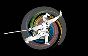 Woman with sword action, Kung Fu pose graphic
