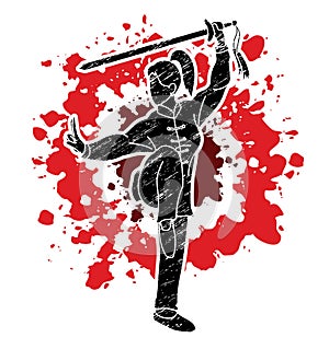 Woman with sword action, Kung Fu pose graphic