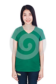 Woman in t-shirt isolated on white background