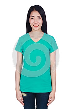 Woman in t-shirt isolated on white background