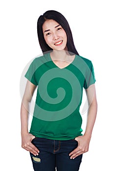 Woman in t-shirt isolated on white background