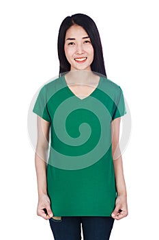 Woman in t-shirt isolated on white background