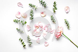 woman table with flower and herbs top view white background patt