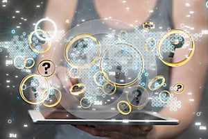 Woman with a tablet and 3D rendered question signs in cyberspace floating on the screen