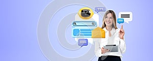 Woman with tablet, chat bot speech bubbles and communication