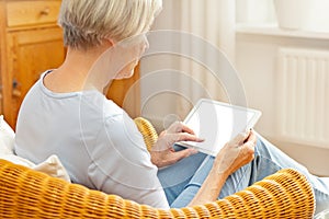 Woman tablet computer blank screen photo