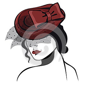 Woman in a tablet hat in black and red colors isolated on a white background. Vector graphics