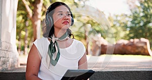 Woman, tablet or headphones as music, inspiration or idea of small business or startup company. Businesswoman, tech or