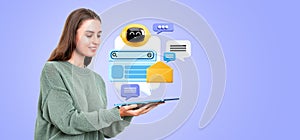 Woman with tablet, mock up chat bot speech bubble and communication
