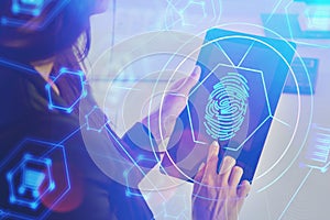 Woman with tablet, online security