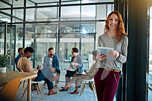 Woman, tablet and portrait in coworking office, business and tech for online information or research for creative