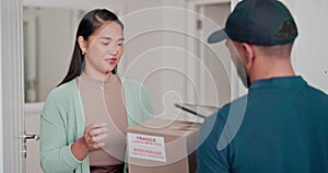 Woman, tablet and sign for delivery man at door, package and parcel box in home for ecommerce. Tech, online shopping and