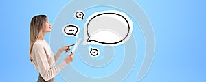 Woman with tablet and speech bubble