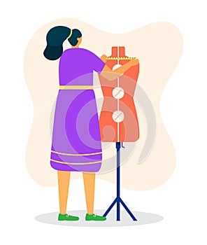 Woman tailor measurement fashion mannequin dress, female professional dressmaker standing dummy flat vector illustration