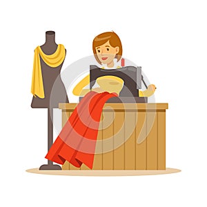 Woman tailor sewing a red dress, craft hobby or profession colorful character vector Illustration