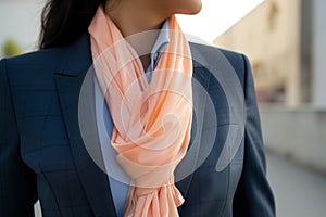 woman in a tailored suit, accessorizing with a peach silk scarf