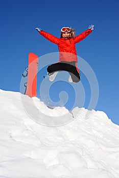 Woman take fun on the snowboard