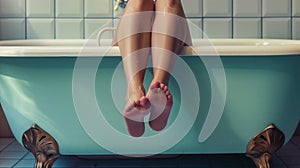 A woman takes a bath with her legs hanging over the side of the bath