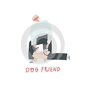 Woman takes care to the dog. Happy old people life. Vector illustration