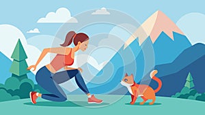 A woman takes her cat on a hike through the mountains stopping to do squats and lunges along the trail for a fullbody photo