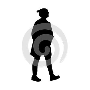 Woman takes a walk. Concept. Vector illustration of silhouette of walking woman. Stencil. Black silhouette isolated on