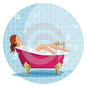 Woman taking a bath. Bathroom.