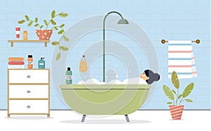 Woman taking a bath. The female character is relaxing in the bathroom