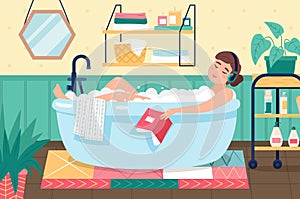 Woman taking bath. Girl lies in bubble soap foam, listens music with headphones and reads book, home bathroom relax and