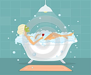 Woman taking a bubble bath in a vintage bathtub